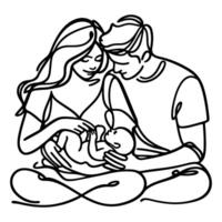 Continuous one black line art drawing parents with newborn baby doodles outline style vector illustration on white background