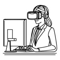 single continuous drawing black line art linear woman in office using virtual reality headset simulator glasses with computer doodle style sketch vector