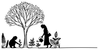 Continuous one black line art drawing Silhouette of children planting tree. Shovel digs roots plant into ground to save the world and earth day reduce global warming growth vector