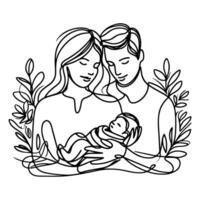 Continuous one black line art drawing parents with newborn baby doodles outline style vector illustration on white background