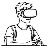 single continuous drawing black line art linear boy using virtual reality headset simulator glasses to learn new technology vector