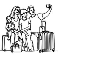 continuous one black line art drawing cheerful family taking acting selfie or video call through mobile phone outline doodle vector family travel concept