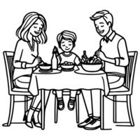 Continuous one black line art drawing happy family father and mother with child. having dinner sitting at table doodles style vector illustration on white background