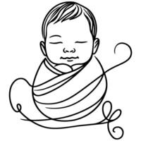 Continuous one black line art hand drawing newborn lying or sleeping doodles outline style vector illustration on white background