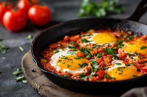 ai generado shakshuka en emitir hierro pan foto