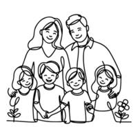 Continuous one black line art drawing happy family father and mother with child doodles style vector illustration on white