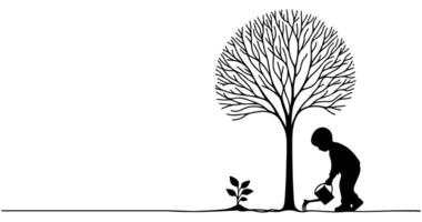 continuo uno negro línea Arte dibujo silueta de niños riego un árbol. plantando árbol a salvar el mundo y tierra día reducir global calentamiento crecimiento concepto vector ilustración en blanco antecedentes