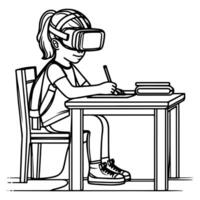 soltero continuo dibujo negro línea Arte lineal niña utilizando virtual realidad auriculares simulador lentes a aprender nuevo tecnología vector