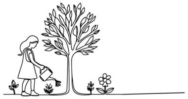 Continuous one black line art drawing Silhouette of children watering a tree. planting tree to save the world and earth day reduce global warming growth concept vector illustration on white background