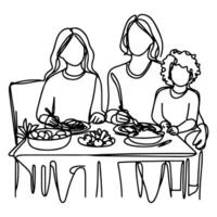 Continuous one black line art drawing happy family father and mother with child. having dinner sitting at table doodles style vector illustration on white background