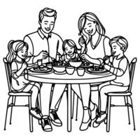 Continuous one black line art drawing happy family father and mother with child. having dinner sitting at table doodles style vector illustration on white background