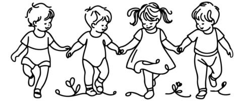 Continuous one black line art hand drawing child walking doodles outline cartoon characters set style coloring page vector illustration  on white background