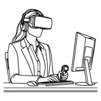 single continuous drawing black line art linear woman in office using virtual reality headset simulator glasses with computer doodle style sketch vector