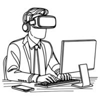 single continuous drawing black line art linear businessman in office using virtual reality headset simulator glasses with computer doodle style sketch vector