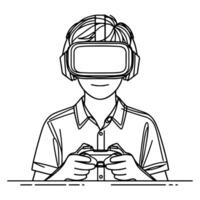 single continuous drawing black line art linear boy using virtual reality headset simulator glasses to learn new technology vector