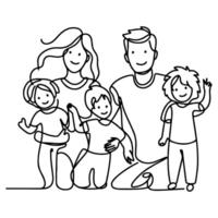 Continuous one black line art drawing happy family father and mother with child doodles style vector illustration on white