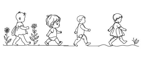 Continuous one black line art hand drawing child walking doodles outline cartoon characters set style coloring page vector illustration  on white background