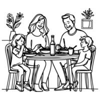 Continuous one black line art drawing happy family father and mother with child. having dinner sitting at table doodles style vector illustration on white background