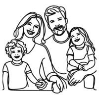 Continuous one black line art drawing happy family father and mother with child doodles style vector illustration on white