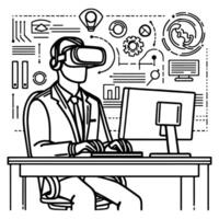 single continuous drawing black line art linear businessman in office using virtual reality headset simulator glasses with computer doodle style sketch vector