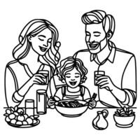 Continuous one black line art drawing happy family father and mother with child. having dinner sitting at table doodles style vector illustration on white background