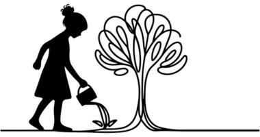 Continuous one black line art drawing Silhouette of children watering a tree. planting tree to save the world and earth day reduce global warming growth concept vector illustration on white background