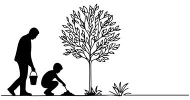 continuo uno negro línea Arte dibujo silueta de niños riego un árbol. plantando árbol a salvar el mundo y tierra día reducir global calentamiento crecimiento concepto vector ilustración en blanco antecedentes