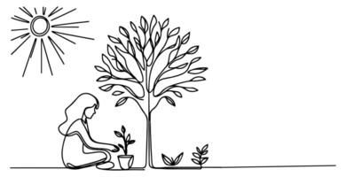 Continuous one black line art drawing Silhouette of children planting tree. Shovel digs roots plant into ground to save the world and earth day reduce global warming growth vector