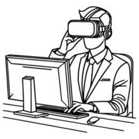 single continuous drawing black line art linear businessman in office using virtual reality headset simulator glasses with computer doodle style sketch vector