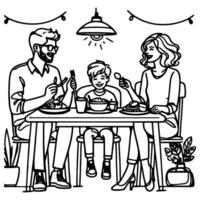 Continuous one black line art drawing happy family father and mother with child. having dinner sitting at table doodles style vector illustration on white background