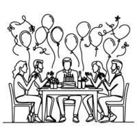 single continuous drawing black line family dinner sitting at table to celebration anniversary birthday party doodles vector