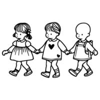 Continuous one black line art hand drawing child walking doodles outline cartoon characters style coloring page vector illustration  on white background