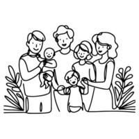 Continuous one black line art drawing happy family father and mother with child doodles style vector illustration on white