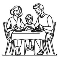 Continuous one black line art drawing happy family father and mother with child. having dinner sitting at table doodles style vector illustration on white background