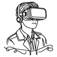 single continuous drawing black line art linear boy using virtual reality headset simulator glasses to learn new technology vector