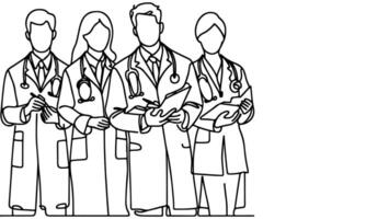 Continuous one black line art hand drawing doctors. National doctor day concept vector illustration on white background with copy space