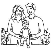 continuo uno negro línea Arte dibujo contento familia padre y madre con niño garabatos estilo vector ilustración en blanco