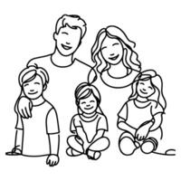 Continuous one black line art drawing happy family father and mother with child doodles style vector illustration on white