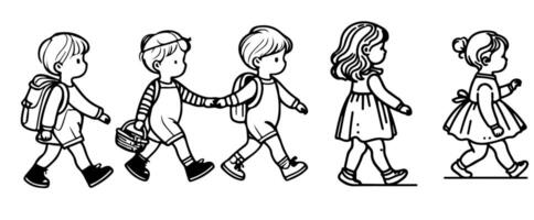 Continuous one black line art hand drawing child walking doodles outline cartoon characters set style coloring page vector illustration  on white background