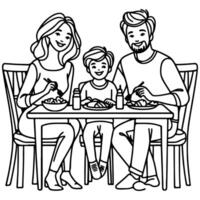 Continuous one black line art drawing happy family father and mother with child. having dinner sitting at table doodles style vector illustration on white background