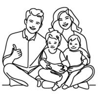 Continuous one black line art drawing happy family father and mother with child doodles style vector illustration on white