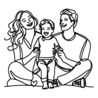 continuo uno negro línea Arte dibujo contento familia padre y madre con niño garabatos estilo vector ilustración en blanco