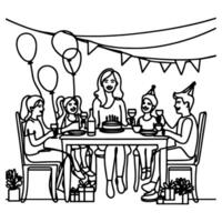 single continuous drawing black line family dinner sitting at table to celebration anniversary happy birthday party doodles vector