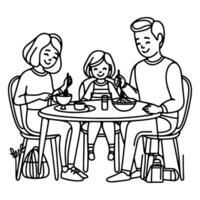 Continuous one black line art drawing happy family father and mother with child. having dinner sitting at table doodles style vector illustration on white background