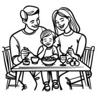 Continuous one black line art drawing happy family father and mother with child. having dinner sitting at table doodles style vector illustration on white background