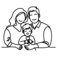 Continuous one black line art drawing happy family father and mother with child doodles style vector illustration on white