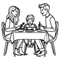 Continuous one black line art drawing happy family father and mother with child. having dinner sitting at table doodles style vector illustration on white background