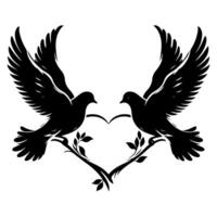 Birds fly to make a heart shape of love. hand drawing birth silhouette black outline art isolated on white background, vector illustration