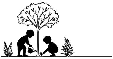 continuo uno negro línea Arte dibujo silueta de niños riego un árbol. plantando árbol a salvar el mundo y tierra día reducir global calentamiento crecimiento concepto vector ilustración en blanco antecedentes