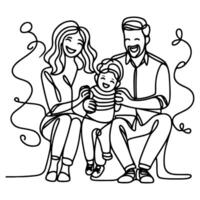 Continuous one black line art drawing happy family father and mother with child doodles style vector illustration on white